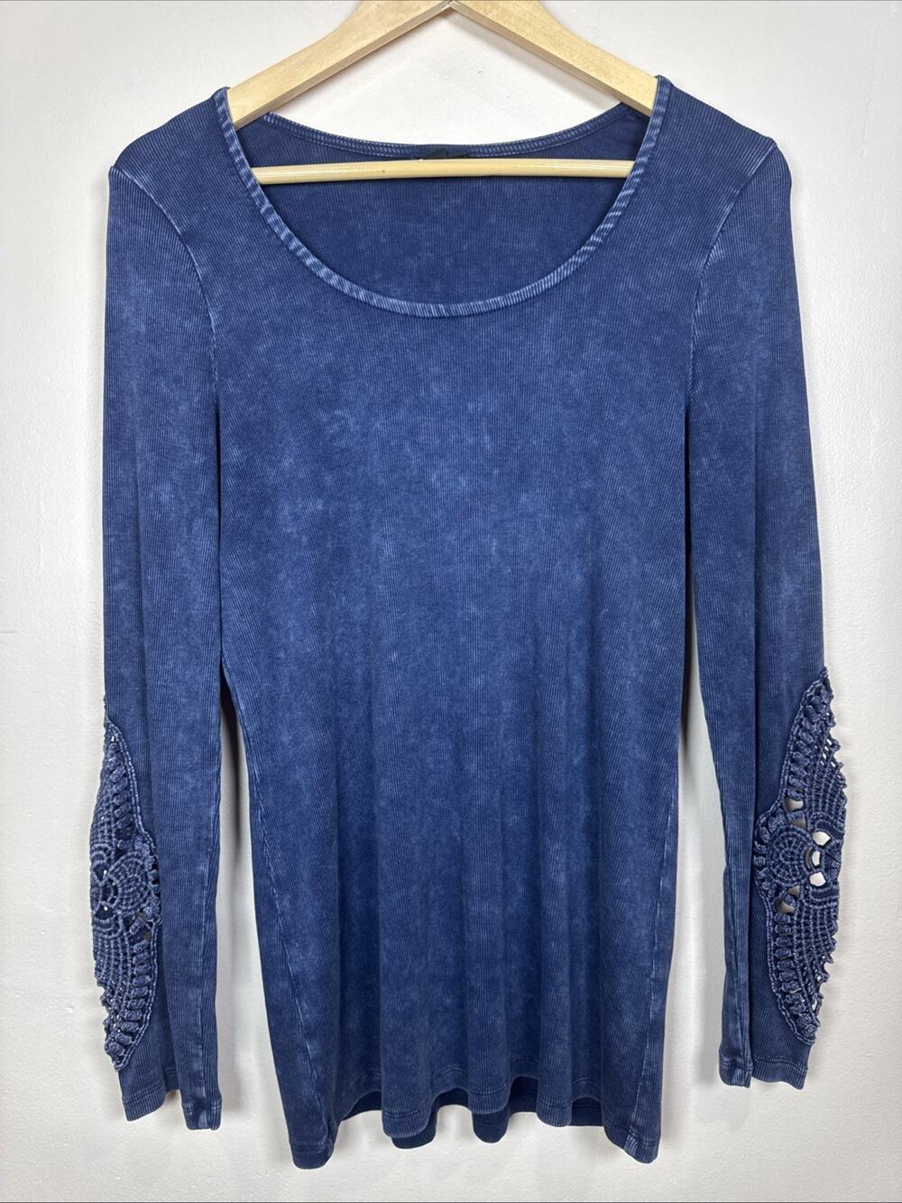 Torrid Womens Top Crochet Long Sleeve Rib Knit L Boho Hippie Festival Blue